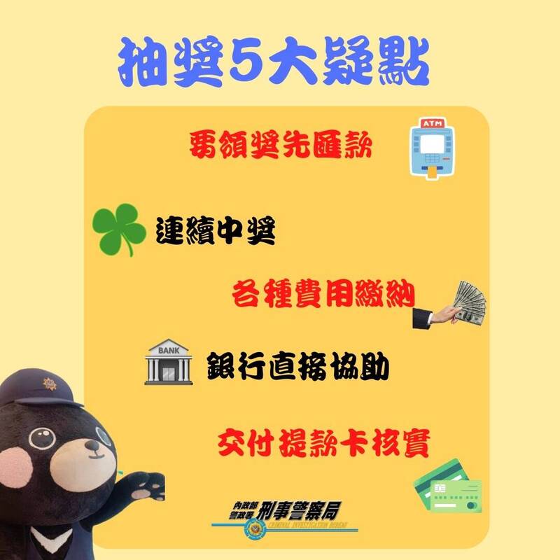 警方提供网路抽奖5大疑点，提醒民众遇到不明网友私讯，请不要理会。（记者姚岳宏翻摄）